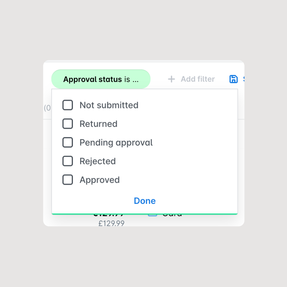 Filtering corporate expenses by approval status with Payhawk spend management - feature overview